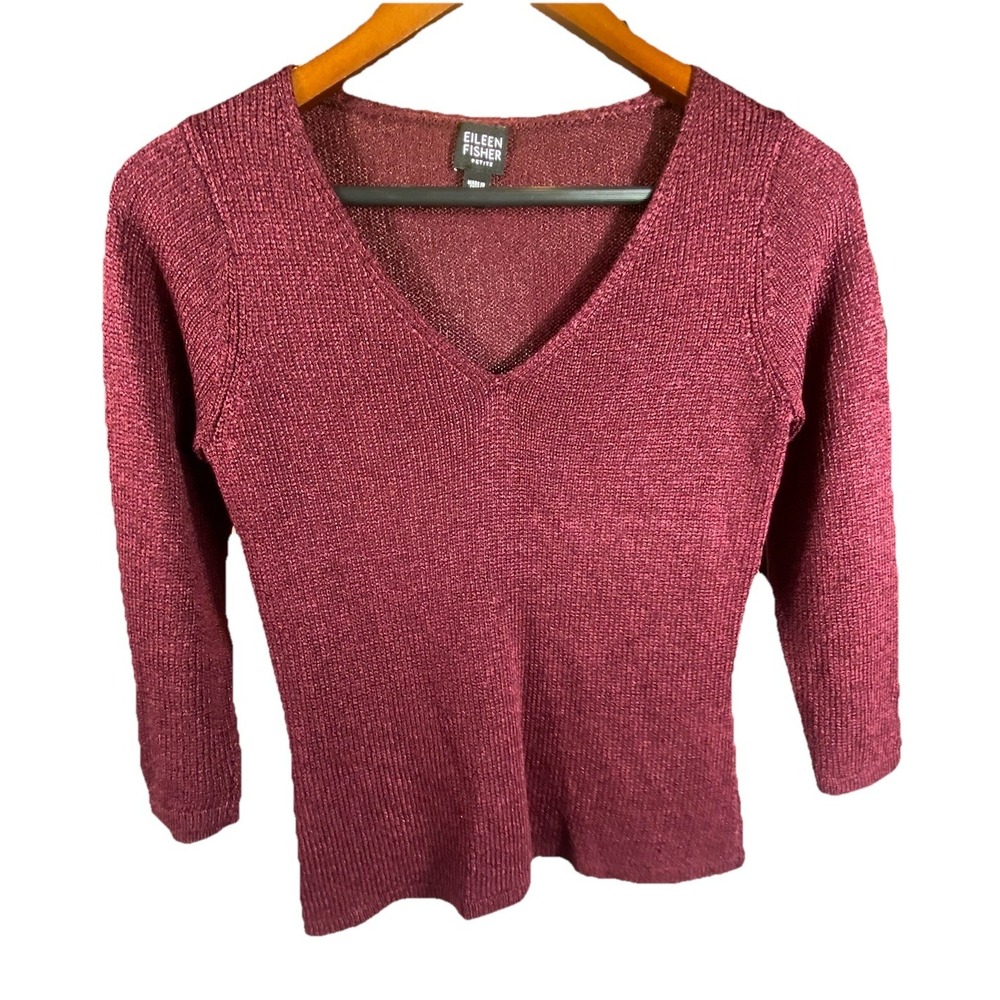 Eileen Fisher V-Neck Sweater Small Petite Fall Soft Silk Rayon 3/4 Sleeve Career